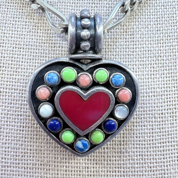 Sterling Silver 925 Multi Stone Heart Figaro Chain Pendant Necklace 19.5" Length - Picture 4 of 14